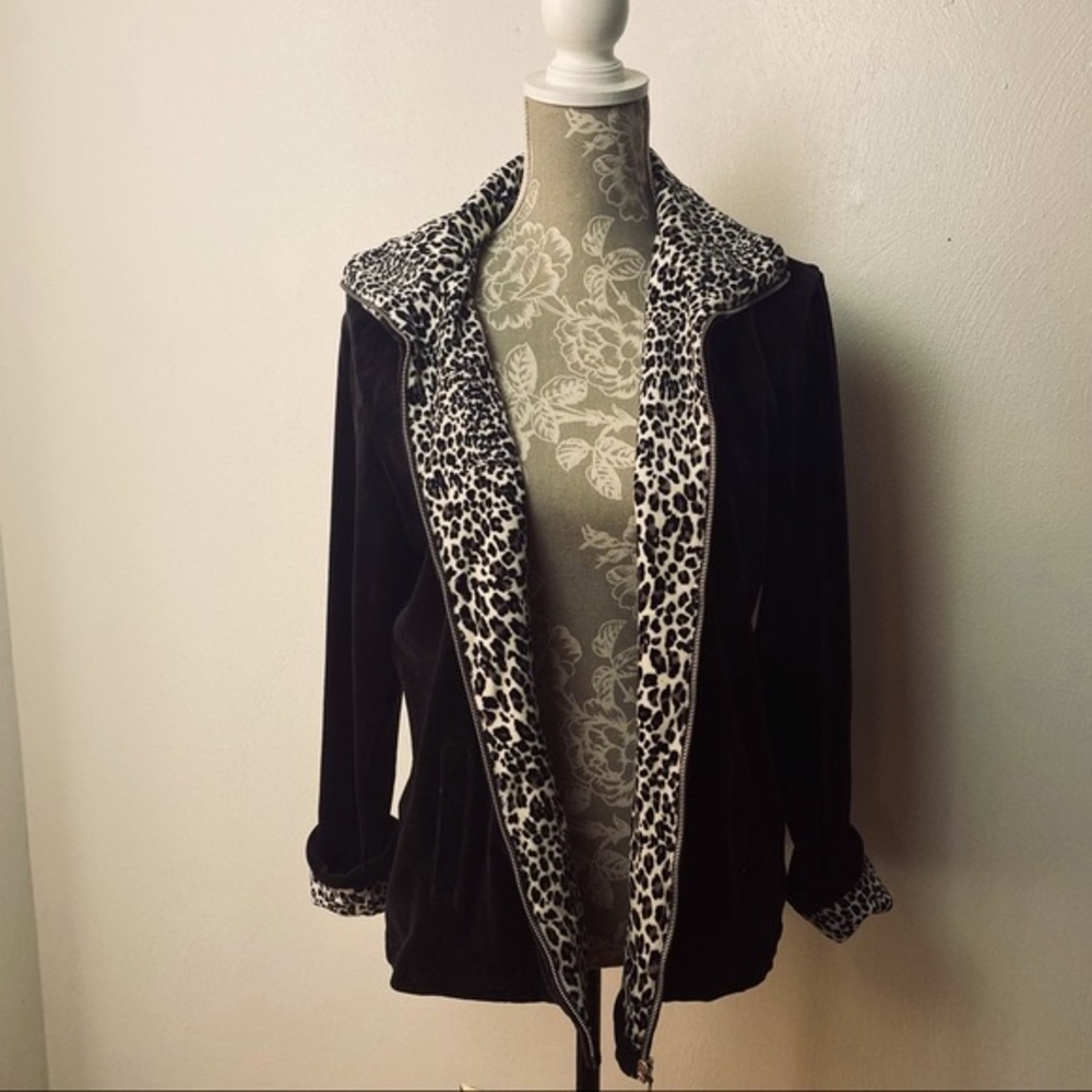 JM Collection Velvet Black Animal Print Trims. Jacket. Sz 12. - Picture 5 of 10